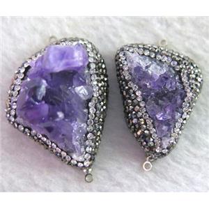 amethyst druzy connector paved rhinestone, freeform, approx 15-35mm