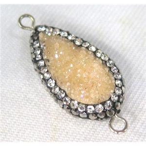 Druzy Quartz connector paved rhinestone, teardrop, gold champagne, approx 10-20mm