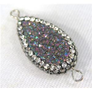 Druzy Quartz connector paved rhinestone, teardrop, rainbow, approx 10-20mm