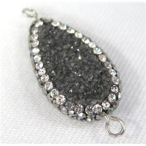 black Druzy Quartz connector paved rhinestone, teardrop, approx 10-20mm