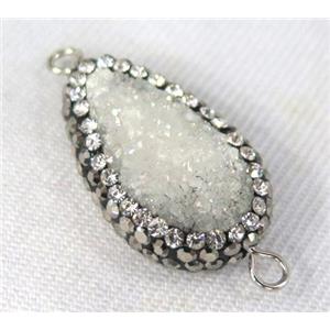 white Druzy Quartz connector paved rhinestone, teardrop, approx 10-20mm