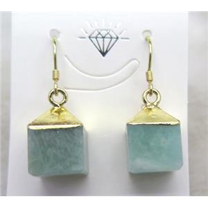 Amazonite stone cube earring, gold plated, approx 10-15mm