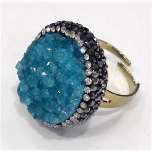 aqua druzy quartz ring paved rhinestone, copper, gold plated, approx 20-25mm, 20mm dia