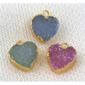 agate druzy heart pendant, mix color, gold plated, approx 10-12mm