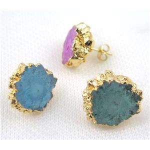 Solar Quartz druzy earring studs, mix color, copper, gold plated, approx 15-20mm