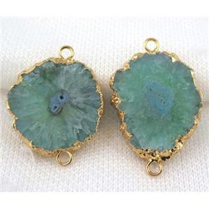 green solar Quartz druzy slice connector, freeform, gold plated, approx 10-20mm