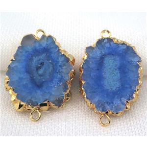 royal blue Solar Quartz druzy slice connector, freeform, gold plated, approx 10-20mm