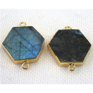 Labradorite hexagon connector, gold plated, approx 25mm dia