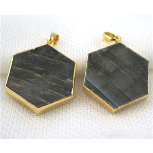 Labradorite hexagon pendant, gold plated, approx 25mm dia