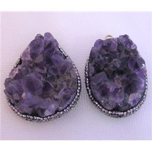 amethyst druzy pendant pave rhinestone, freeform, approx 25-50mm