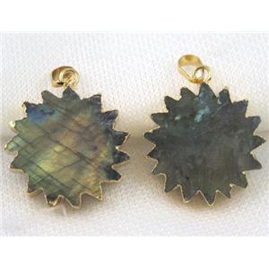 Labradorite sunflower pendant, gold plated, approx 30mm dia