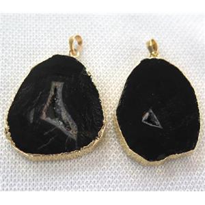 black agate slice pendant with geode, flat freeform, gold plated, approx 20-35mm