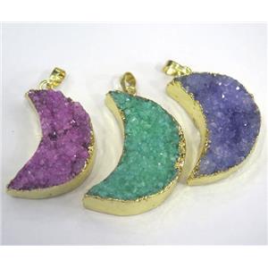 quartz druzy moon pendant, mix color, gold plated, approx 25-35mm