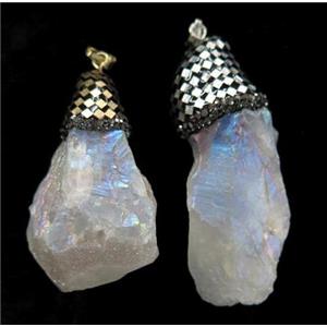 Clear Quartz Nugget pendant paved foil, rhinestone, freeform, white AB-color, approx 20-50mm