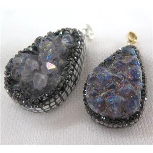 Amethyst druzy teardrop pendant paved foil, rhinestone, approx 15-40mm