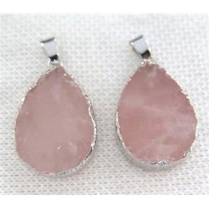 rose quartz pendant, teardrop, silver plated, approx 20-27mm