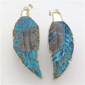 Ocean Jasper leaf pendant, blue, gold plated, approx 20-65mm