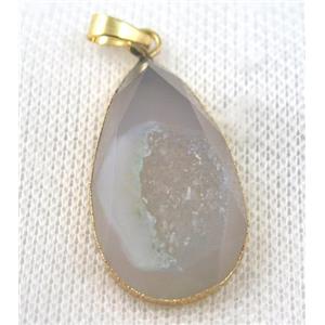 gray agate druzy pendant, faceted teardrop, gold plated, approx 20-35mm