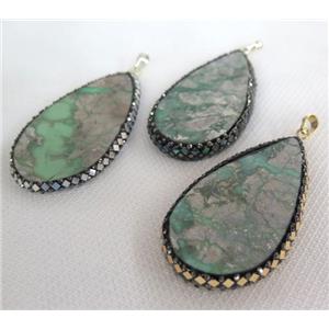 green apple Jasper pendant paved foil, teardrop, approx 30-60mm