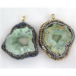 green Agate Druzy geode pendant paved foil, rhinestone, freeform, approx 30-60mm