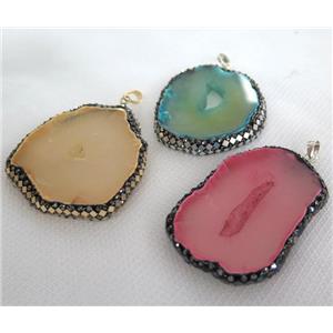 agate druzy slice pendant paved foil, rhinestone, freeform, mix color, approx 25-50mm