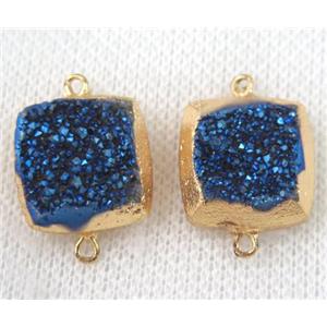 blue druzy quartz connector, square, gold plated, approx 16x16mm