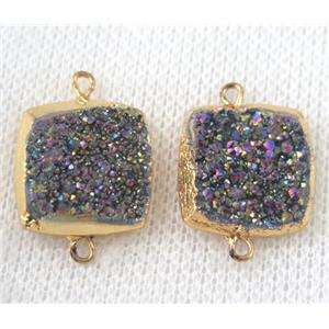 rainbow druzy quartz connector, square, gold plated, approx 16x16mm