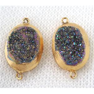 rainbow druzy quartz connector, oval, gold plated, approx 15x20mm