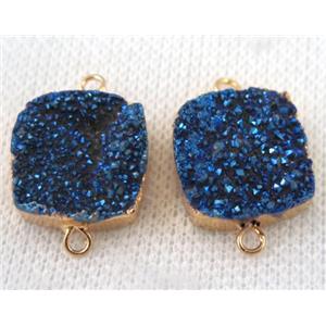 blue druzy quartz connector, square, gold plated, approx 16x16mm