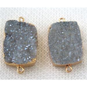 light blue-gray druzy quartz connector, rectangle, gold plated, approx 15x20mm