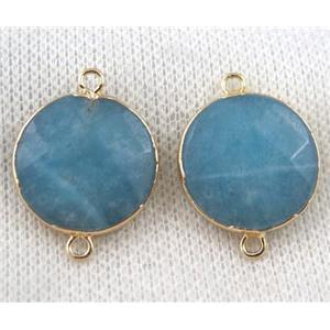 blue jade connector, faceted flat-round, gold plated, approx 20mm dia