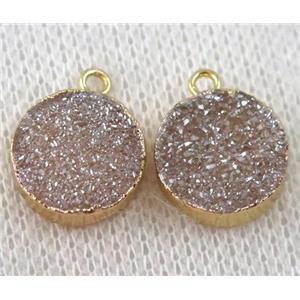 druzy agate pendant, golden champagne, flat-round, gold plated, approx 12mm dia