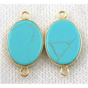 green turquoise connector, flat oval, gold plated, approx 15x20mm