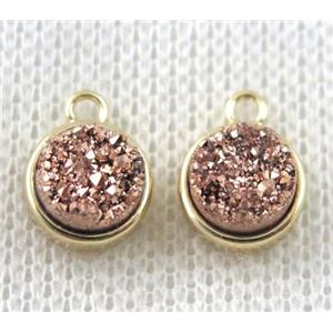 rose-golden druzy quartz pendant, flat-round, copper, gold plated, approx 8mm dia