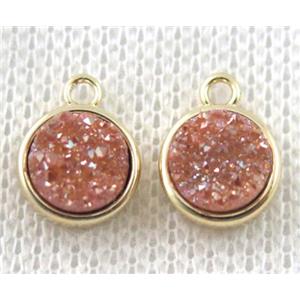 golden-champagne druzy quartz pendant, flat-round, copper, gold plated, approx 8mm dia