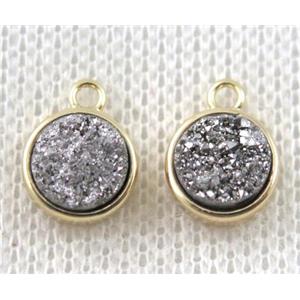 silver druzy quartz pendant, flat-round, copper, gold plated, approx 8mm dia