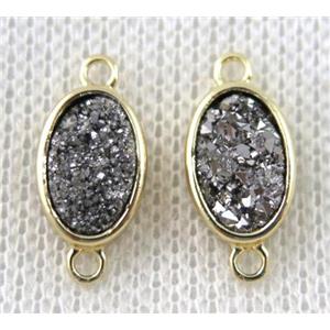 silver druzy quartz oval connector, copper, gold plated, approx 8x11mm