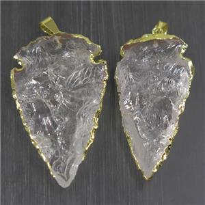 hammered Clear Quartz arrowhead pendant, gold plated, approx 15-30mm