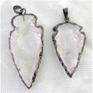 hammered Clear Quartz arrowhead pendant, black plated, approx 15-30mm