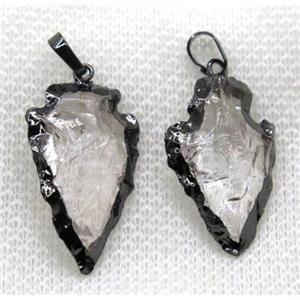 hammered Clear Quartz arrowhead pendant, black plated, approx 15-25mm