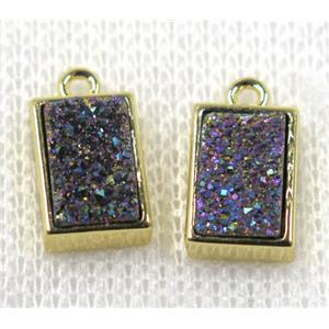 rainbow Druzy Quartz pendant, rectangle, gold plated, approx 6-12mm