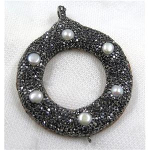 white pearl connector paved black rhinestone, donut, approx 60mm dia