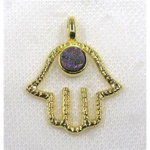 rainbow druzy agate pendant, hamsahand, alloy, gold plated, approx 30-45mm, 8mm