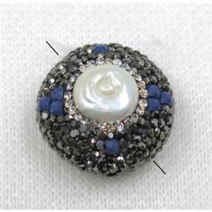 white pearl bead paved black rhinestone, flat round, approx 25mm dia