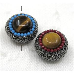 tiger eye stone bead paved rhinestone, flat round, approx 20x25mm