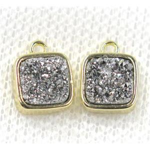 silver druzy quartz pendant, square, gold plated, approx 8x8mm