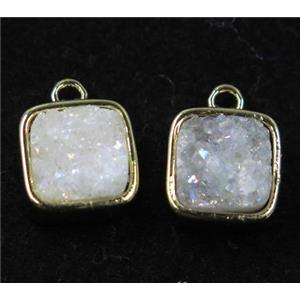 druzy quartz pendant, white ab color, square, gold plated, approx 8x8mm