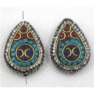 Nepal style turquoise bead paved rhinestone, teardrop, approx 22-30mm