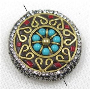 Nepal style turquoise bead paved rhinestone, flat round, approx 33mm dia