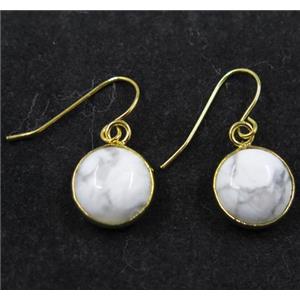 white turquoise howlite earring, flat round, gold plated, approx 13mm dia